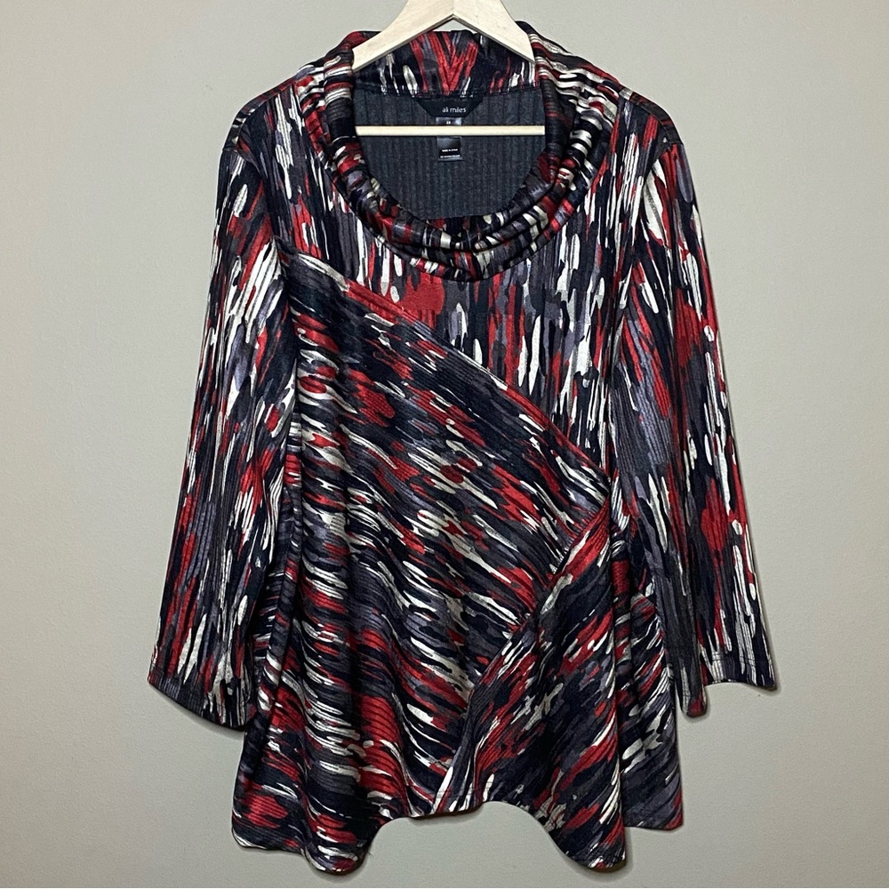 Ali Miles Red Black White Abstract Print Cowl Neck Blouse